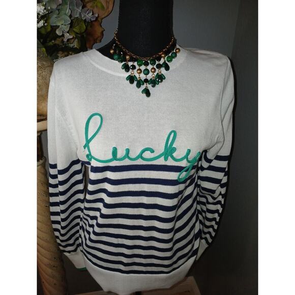 Time and Tru Sweater Womens Large White Blue Lucky Striped Crewneck Lightweight - Picture 1 of 6